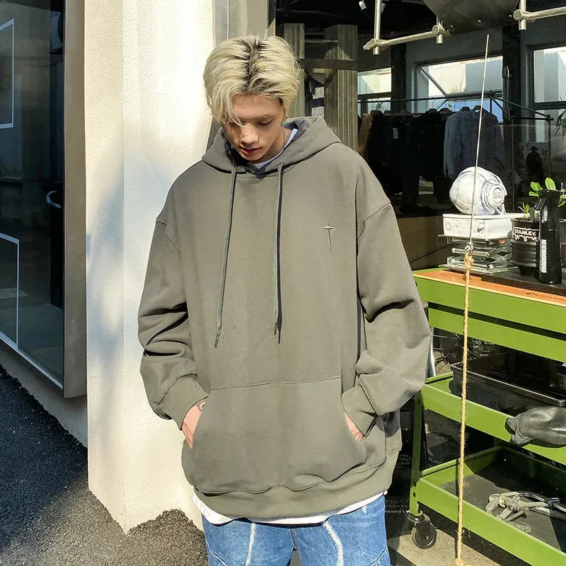 Wiaofellas  -  Men's Solid Embroidery Hoodies Long Sleeves Big Pocket Top Oversized Casual Fashion Outdoor Streetwear Sweatshirt