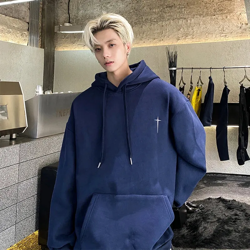 Wiaofellas  -  Men's Solid Embroidery Hoodies Long Sleeves Big Pocket Top Oversized Casual Fashion Outdoor Streetwear Sweatshirt