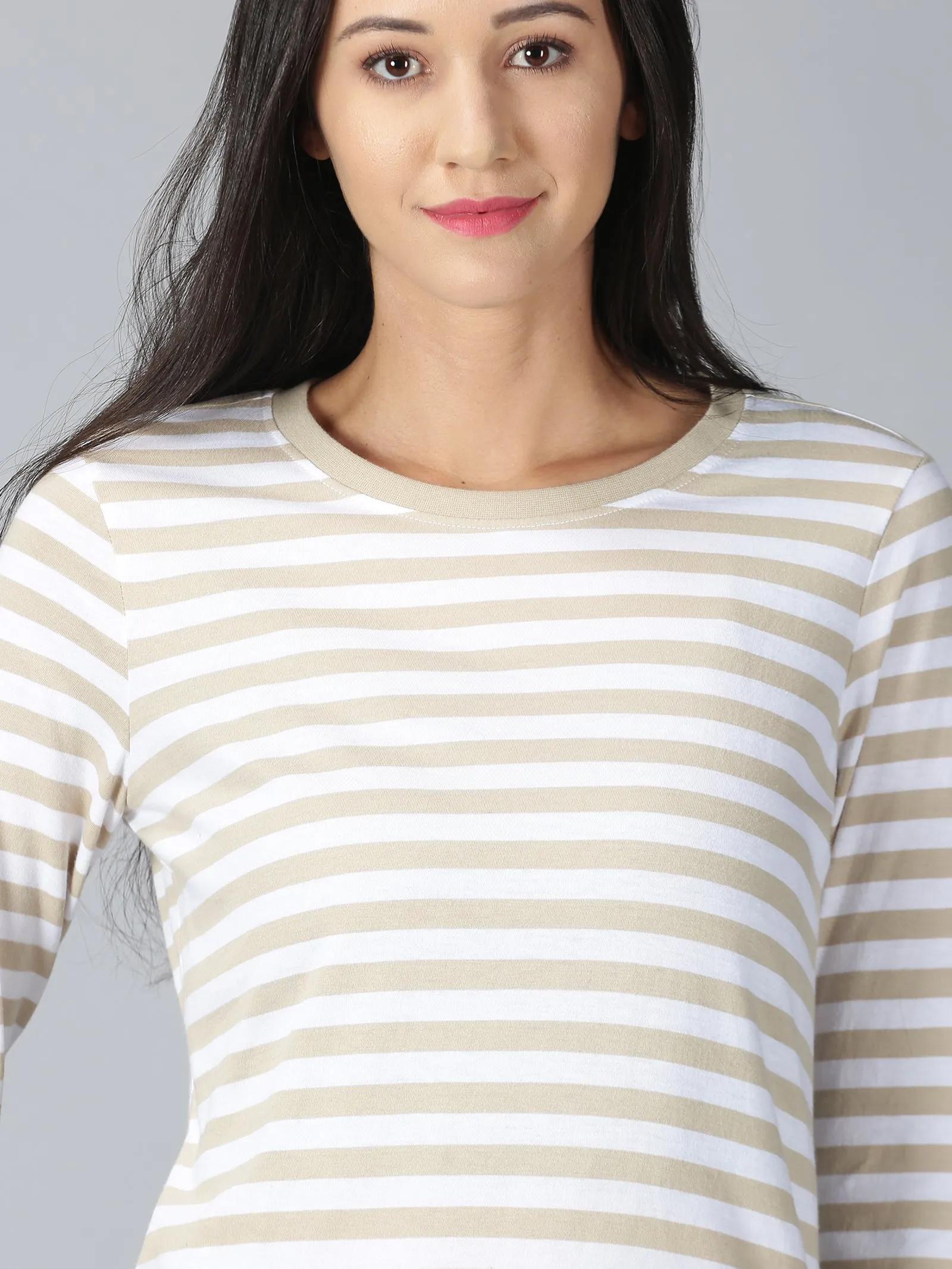 Women Beige Striped Round Neck Casual T-Shirt
