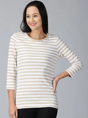 Women Beige Striped Round Neck Casual T-Shirt