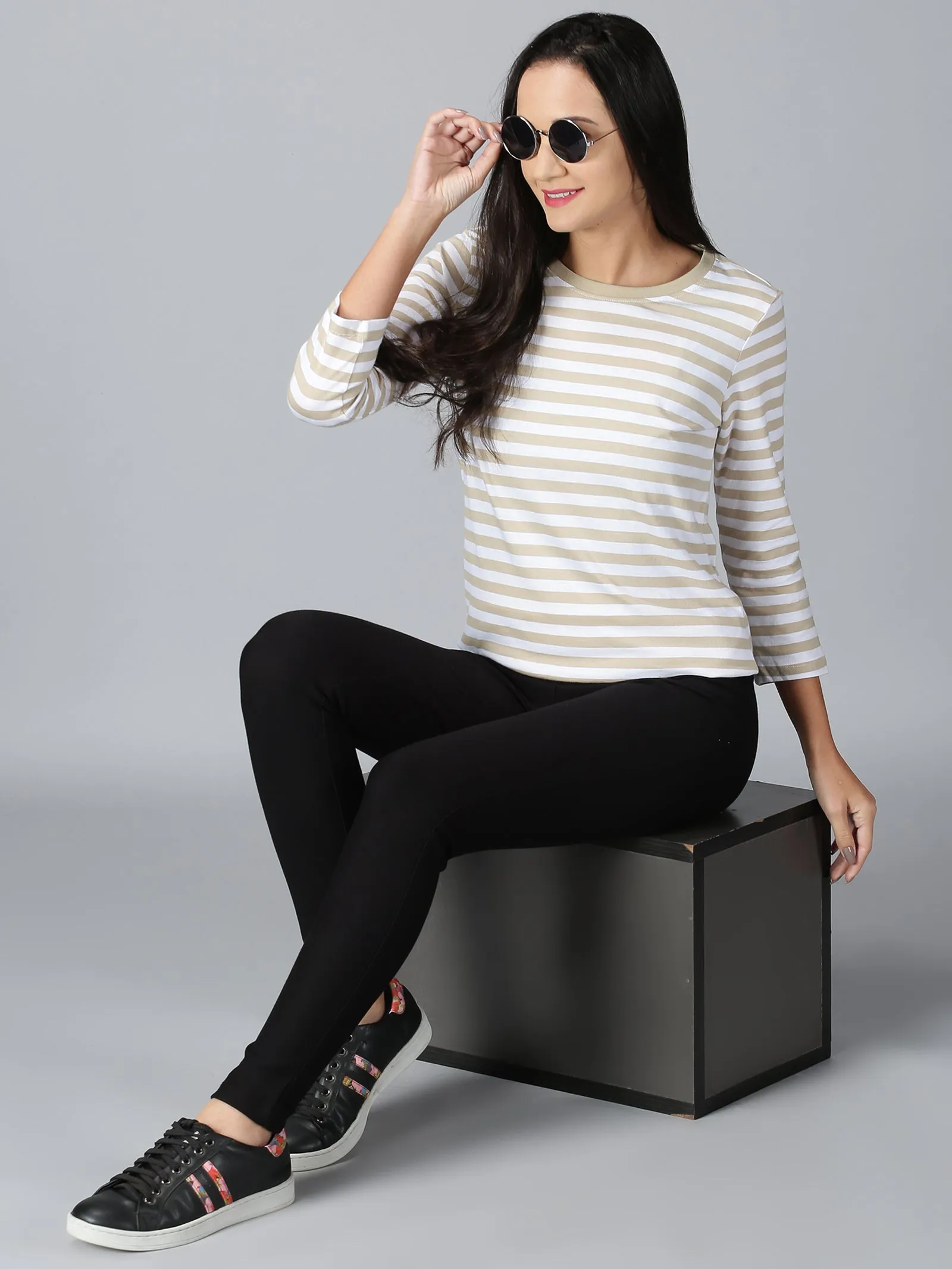 Women Beige Striped Round Neck Casual T-Shirt