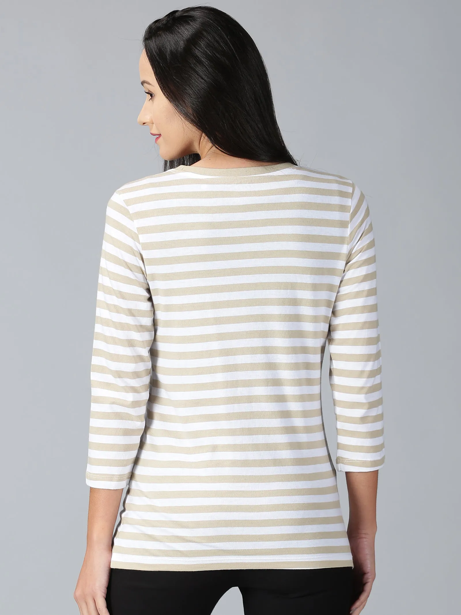 Women Beige Striped Round Neck Casual T-Shirt