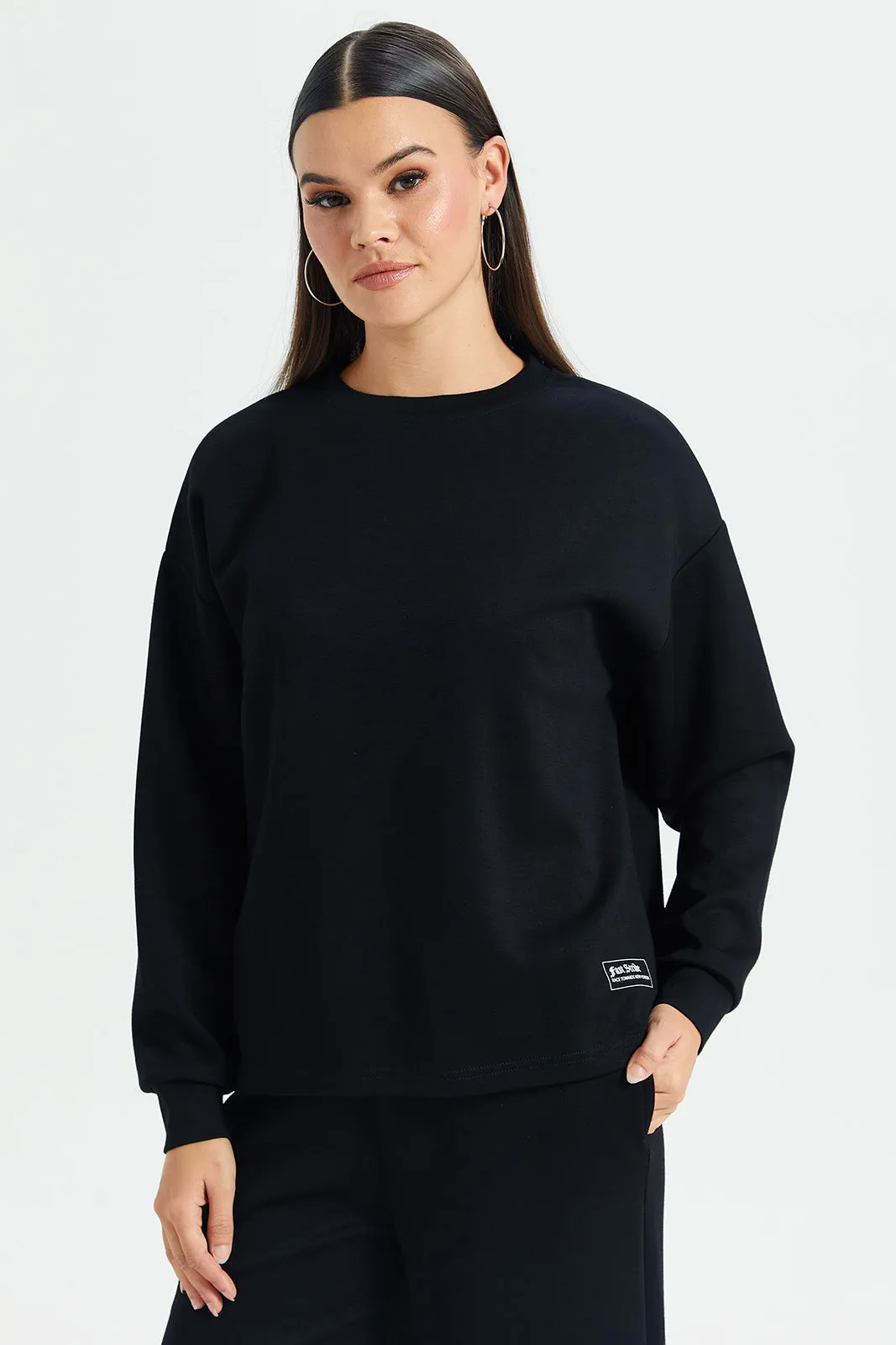 Women Black Drop Shoulder Printed Sweatshirt