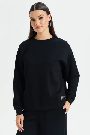Women Black Drop Shoulder Printed Sweatshirt