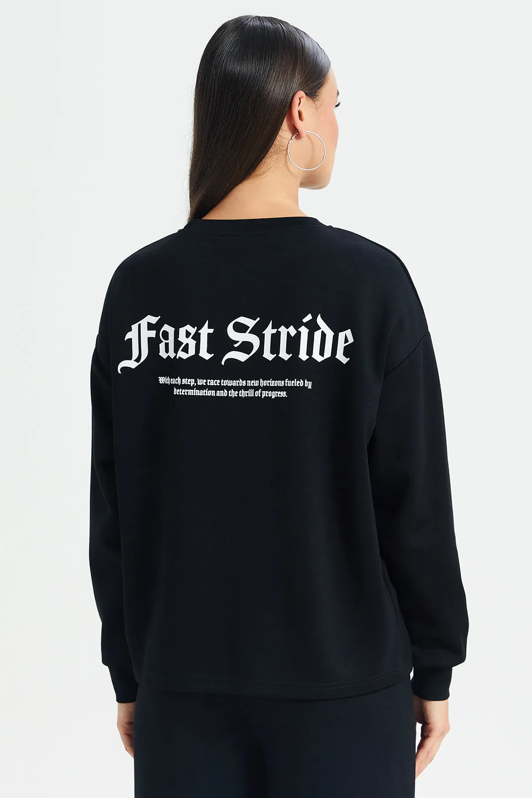 Women Black Drop Shoulder Printed Sweatshirt