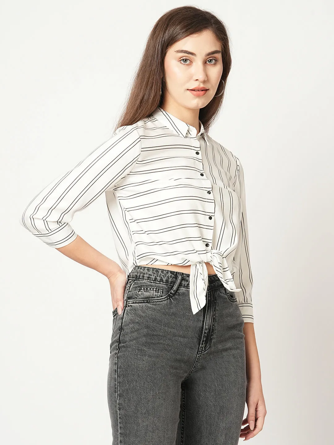 Women Stripes Spread Collar Crop Casual Shirt