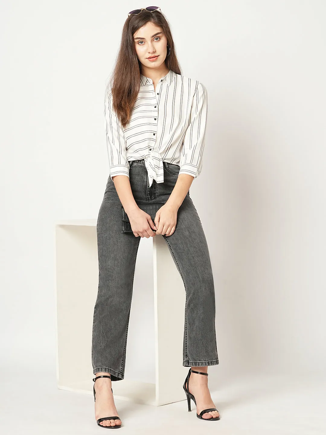 Women Stripes Spread Collar Crop Casual Shirt