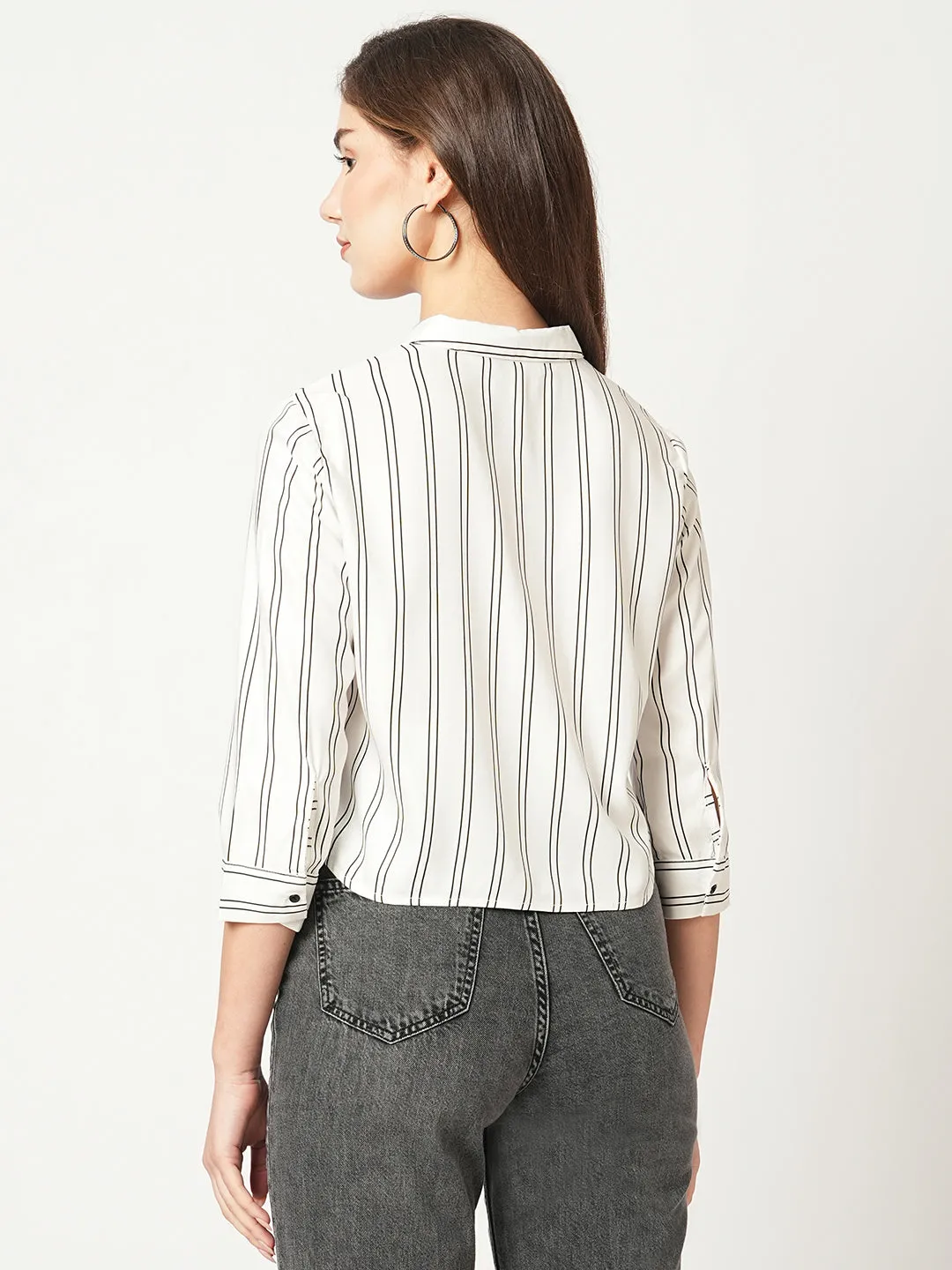 Women Stripes Spread Collar Crop Casual Shirt