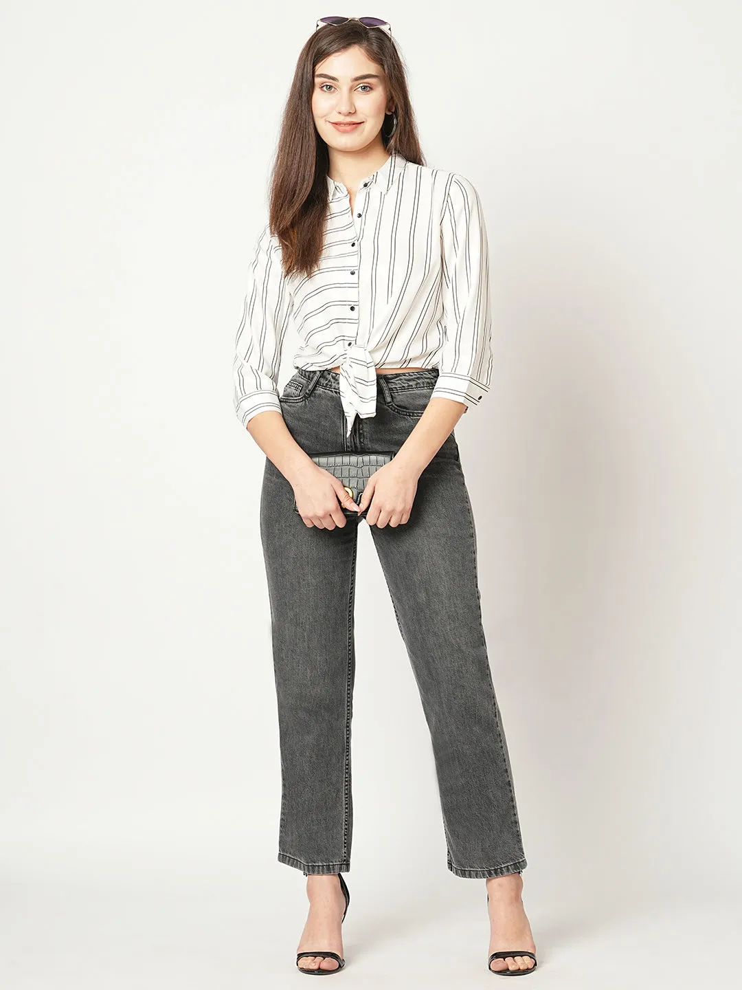 Women Stripes Spread Collar Crop Casual Shirt