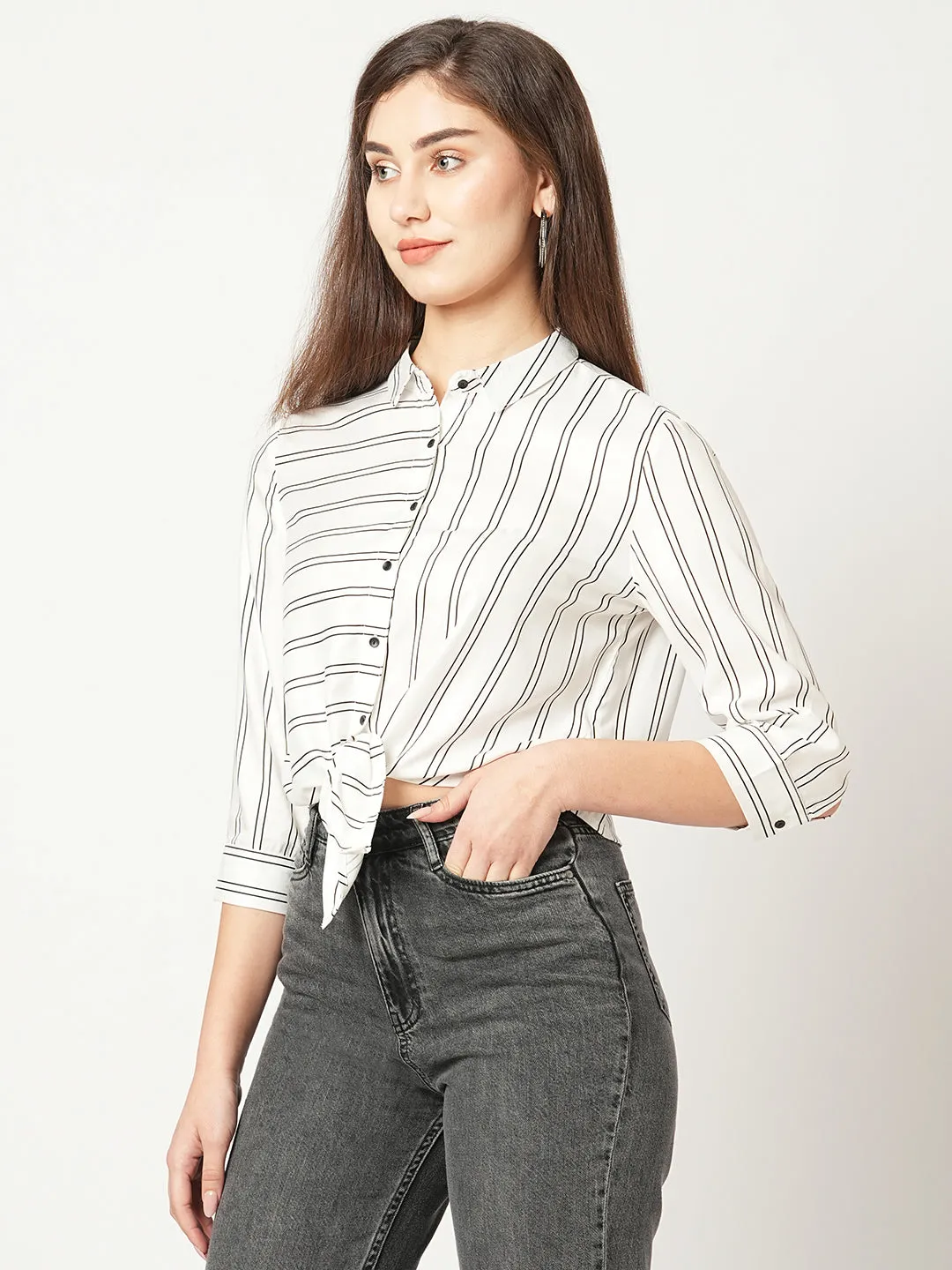 Women Stripes Spread Collar Crop Casual Shirt