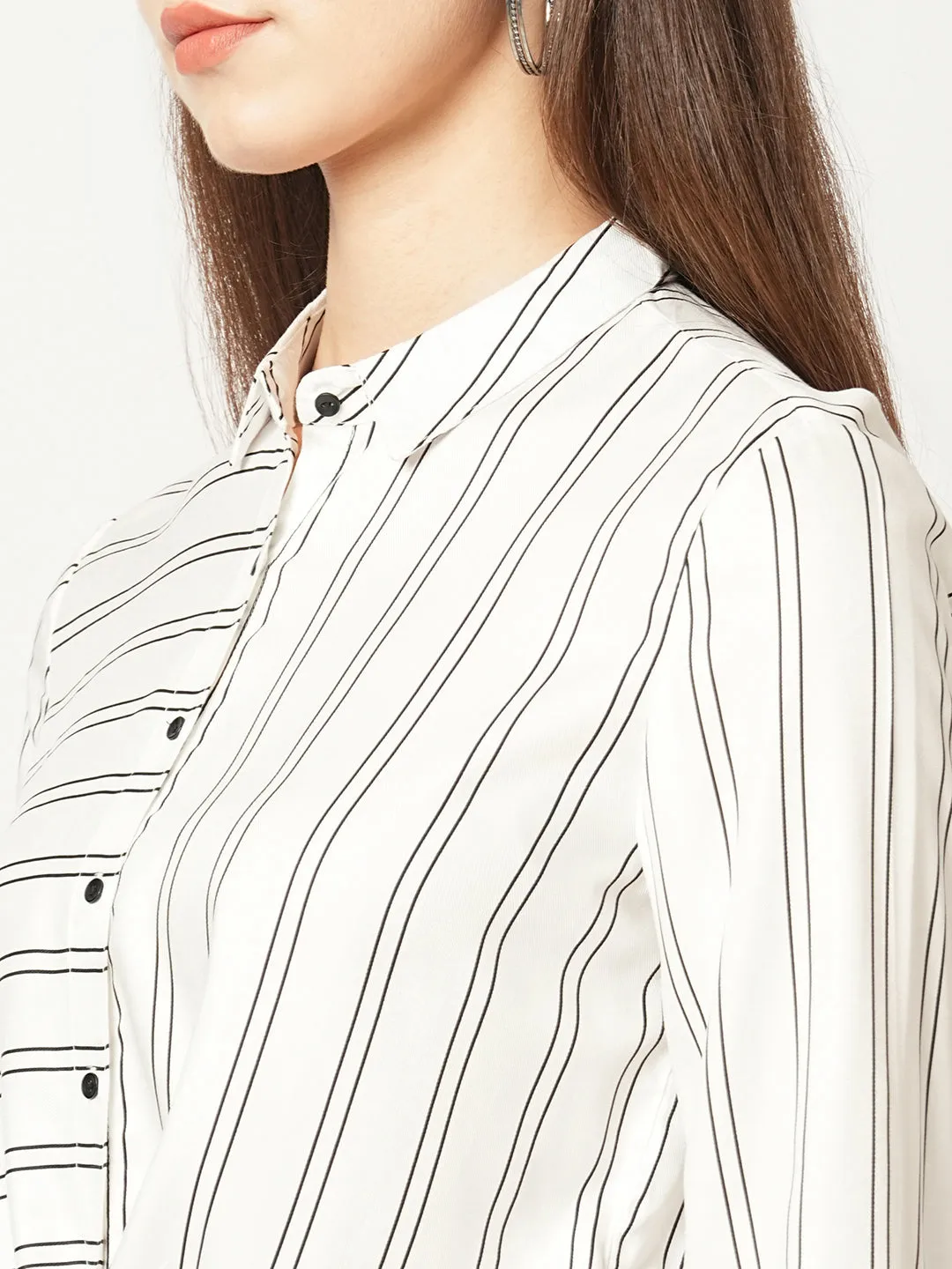 Women Stripes Spread Collar Crop Casual Shirt