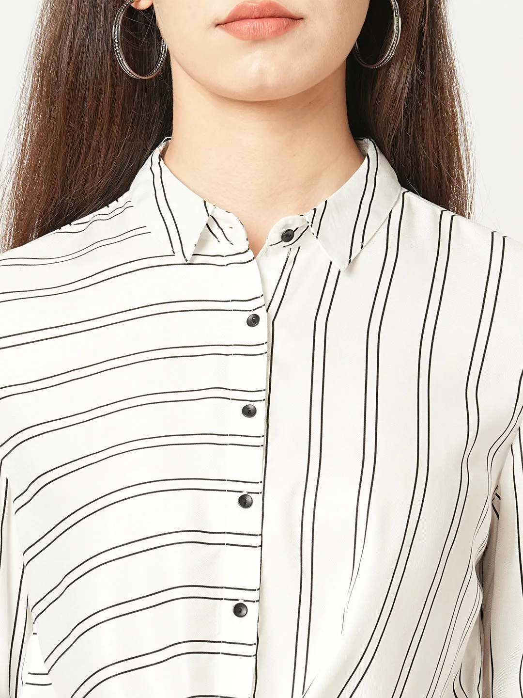 Women Stripes Spread Collar Crop Casual Shirt