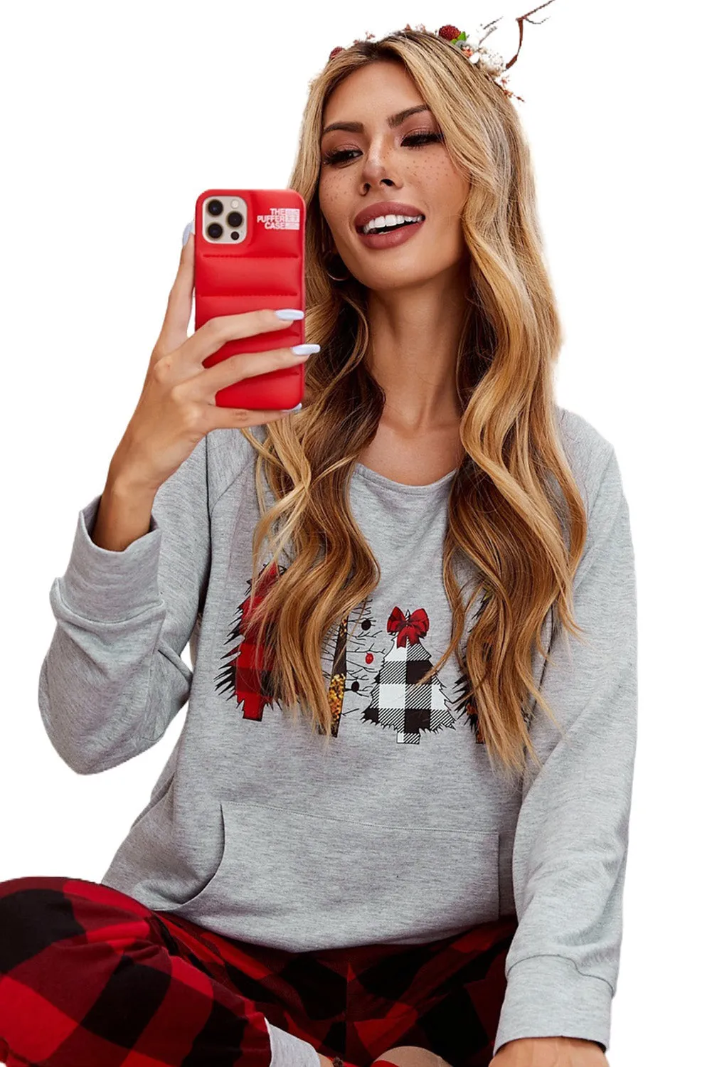 Womens Plaid Christmas Tree Grey Sweatshirt Long Sleeve Tops