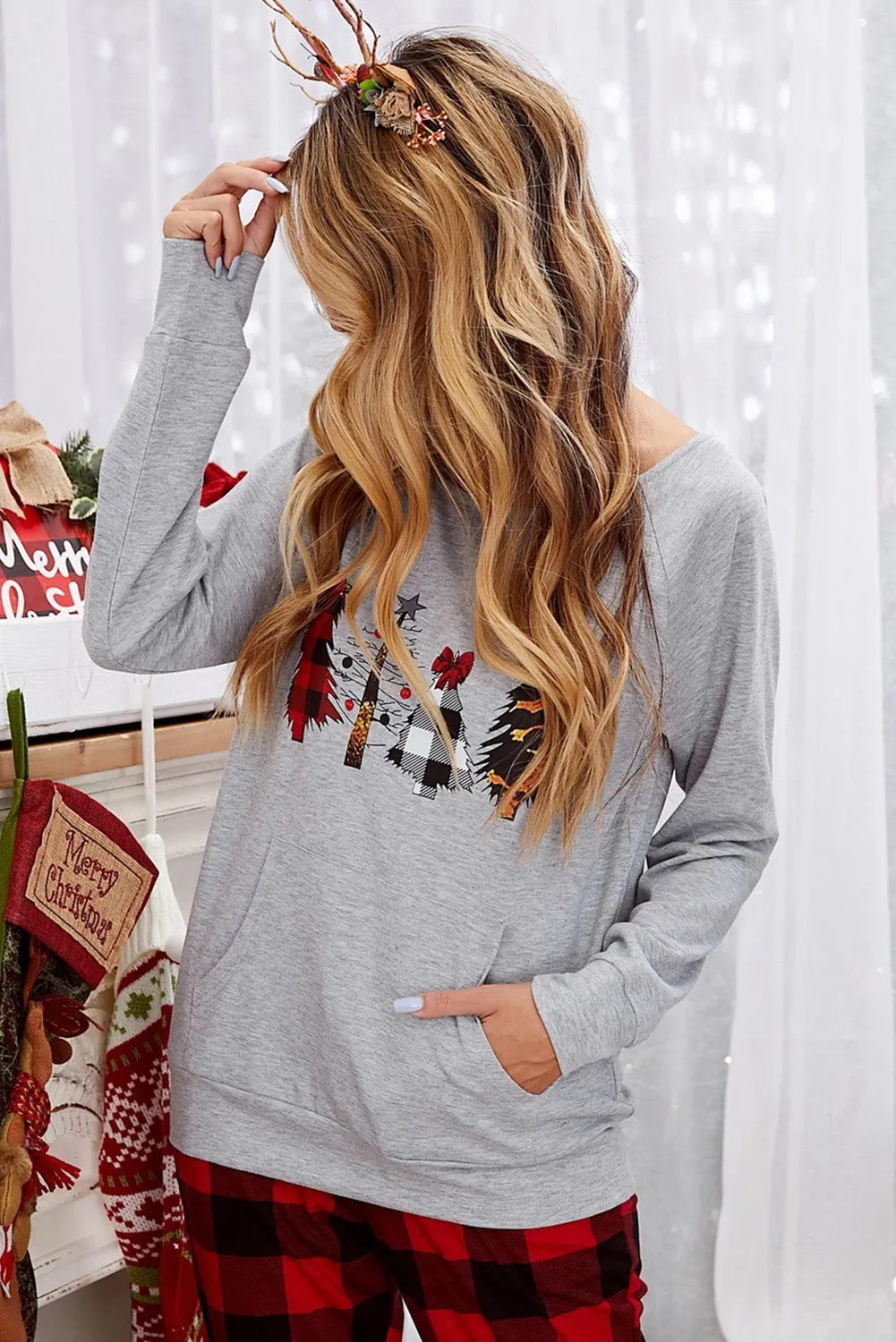 Womens Plaid Christmas Tree Grey Sweatshirt Long Sleeve Tops