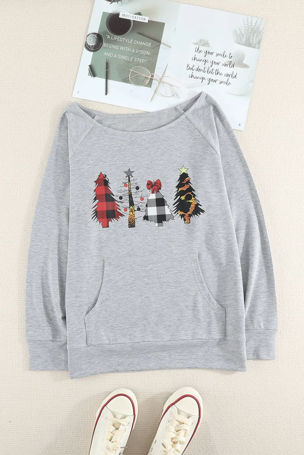 Womens Plaid Christmas Tree Grey Sweatshirt Long Sleeve Tops