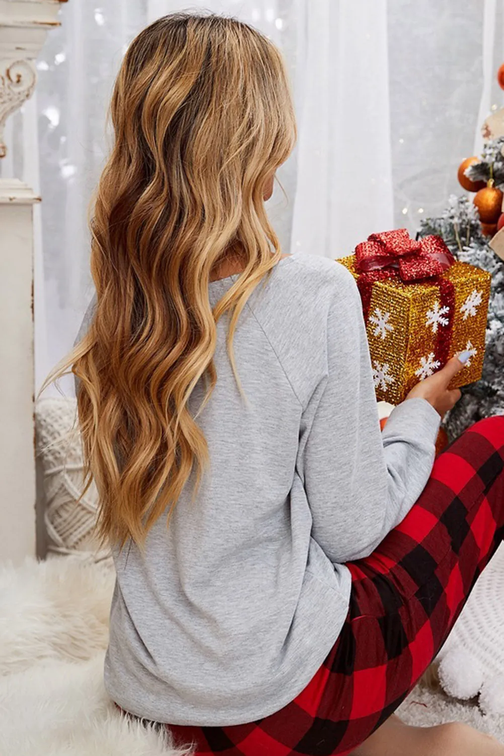 Womens Plaid Christmas Tree Grey Sweatshirt Long Sleeve Tops