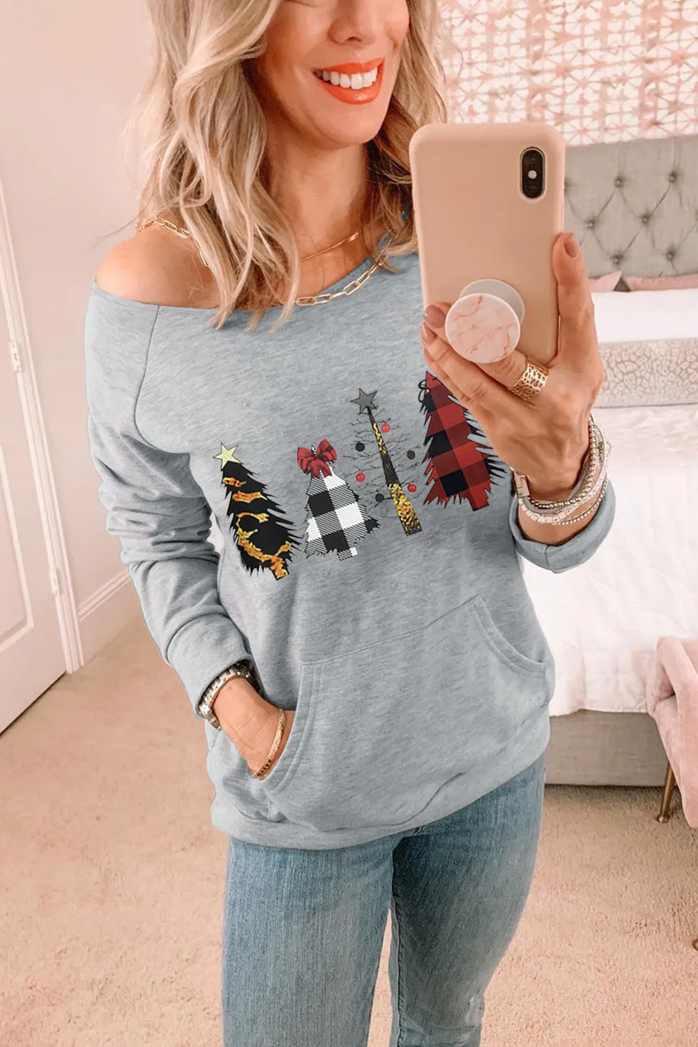 Womens Plaid Christmas Tree Grey Sweatshirt Long Sleeve Tops