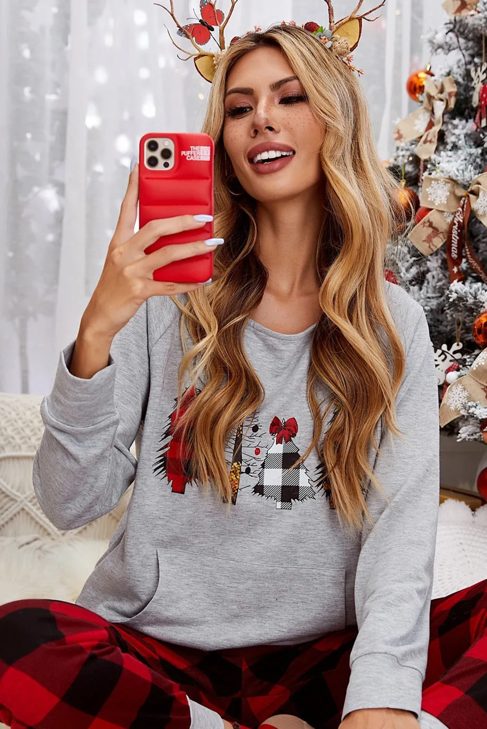 Womens Plaid Christmas Tree Grey Sweatshirt Long Sleeve Tops