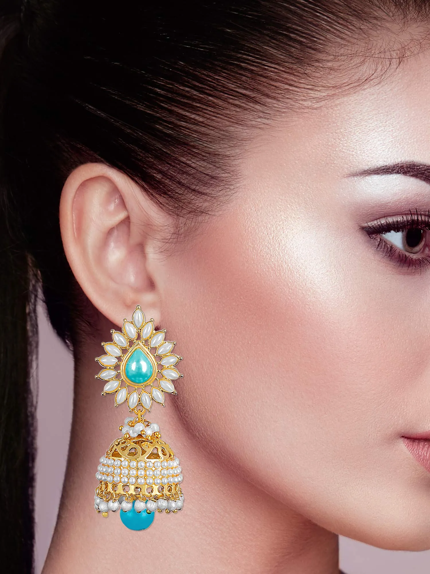 Yellow Chimes Bollywood Celebrity Party Wear Traditional Pearl Moti Jhumka/Jhumki Earrings for Women and Girls (Blue)